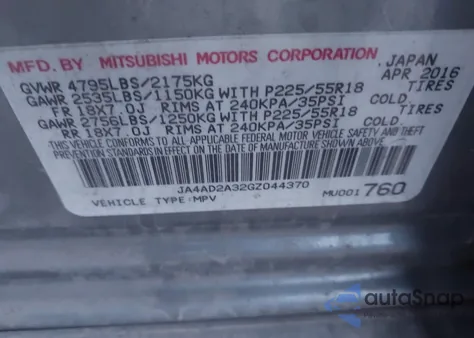 2016 Mitsubishi Outlander Es z USA, uszkodzony, nr VIN JA4AD2A32GZ044370